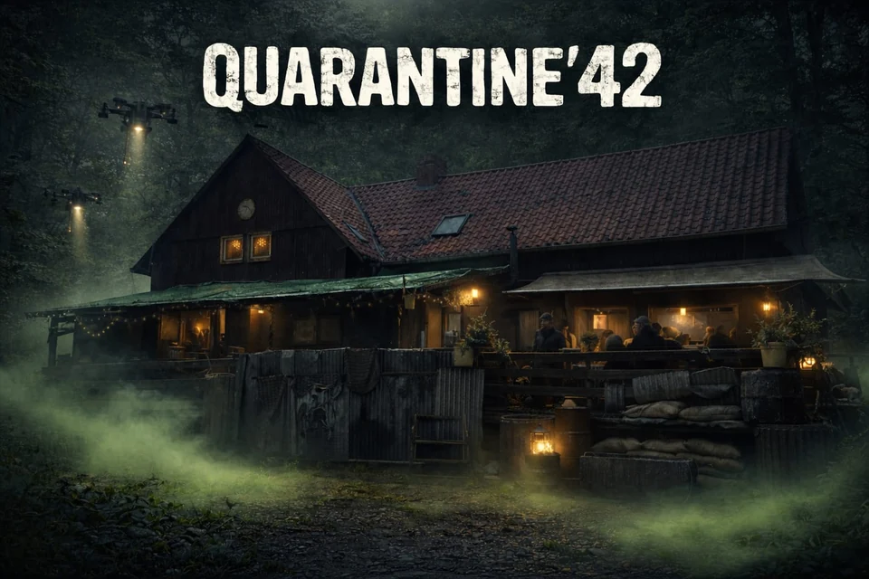 Veranstaltungsmotiv Quarantine’42 2026: Schriftzug über dem beleuchteten Gebäude im Wald