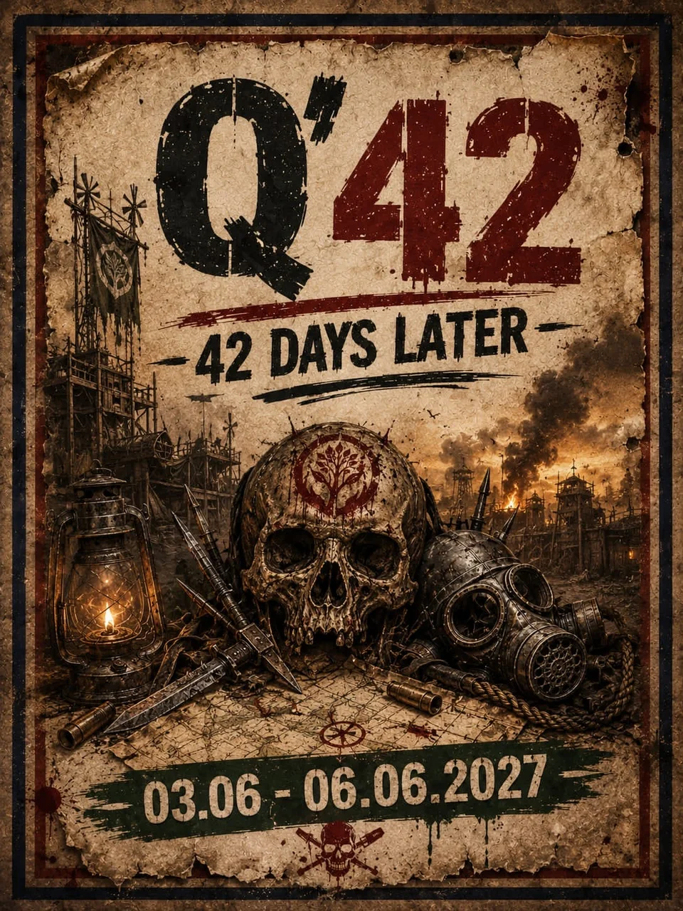 Q’42 – 42 Days Later. Veranstaltungsplakat für den 3. bis 6. Juni 2027.