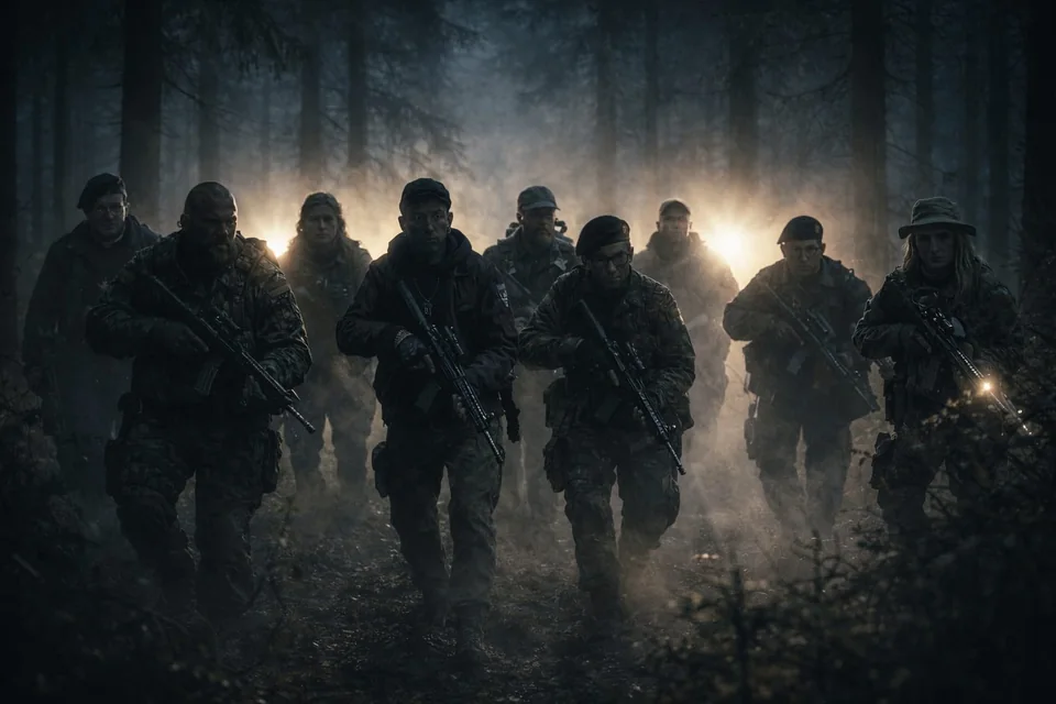 Motiv der Spielwelt: eine Gruppe Soldaten im nebligen Wald
